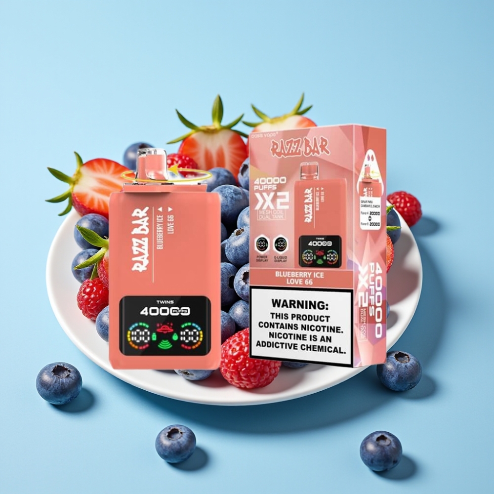 Razz Bar 40000 Puffs Näyttö 1.0Ω×2 Kela 650 mAh Type-C Mustikka-Jää & Love 66