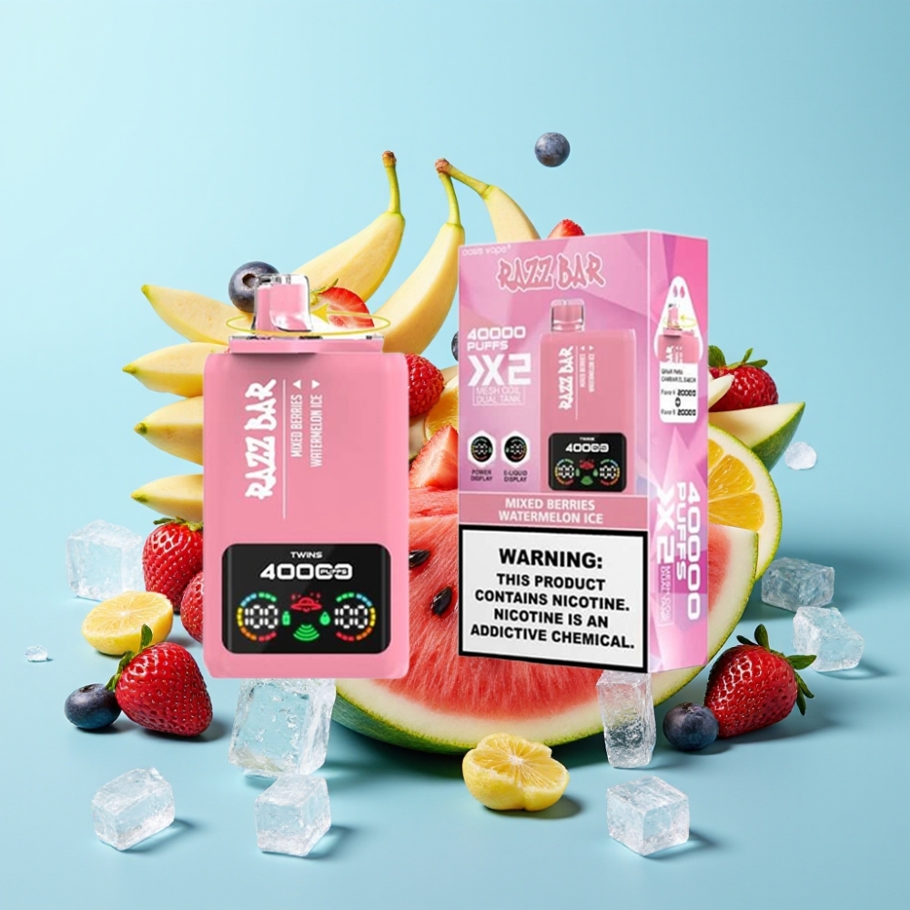 Razz Bar 40000 Puffs Näyttö 1.0Ω×2 Mesh Coil 650 mAh Type-C SEKALEIKKA & VESIMELONIJÄÄ