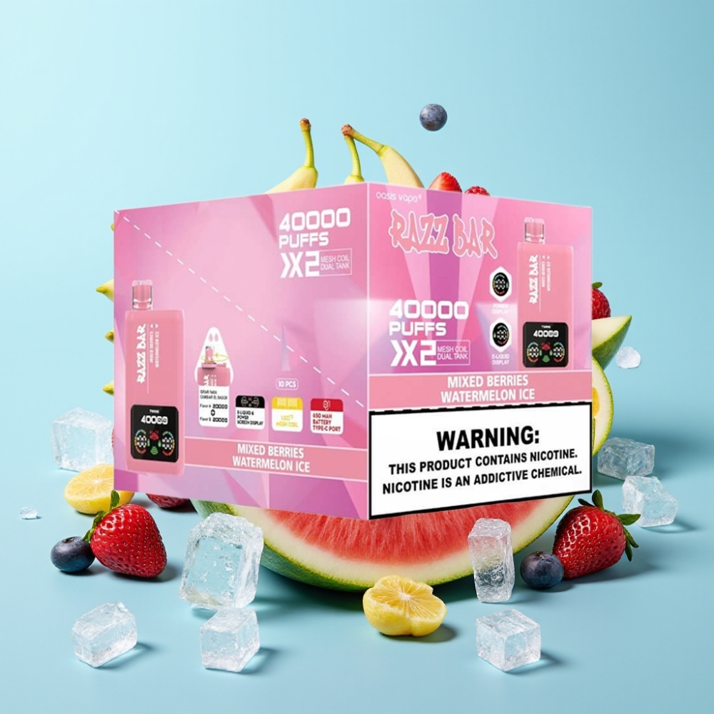 Razz Bar 40000 Puffs Näyttö 1.0Ω×2 Mesh Coil 650 mAh Type-C SEKALEIKKA & VESIMELONIJÄÄ
