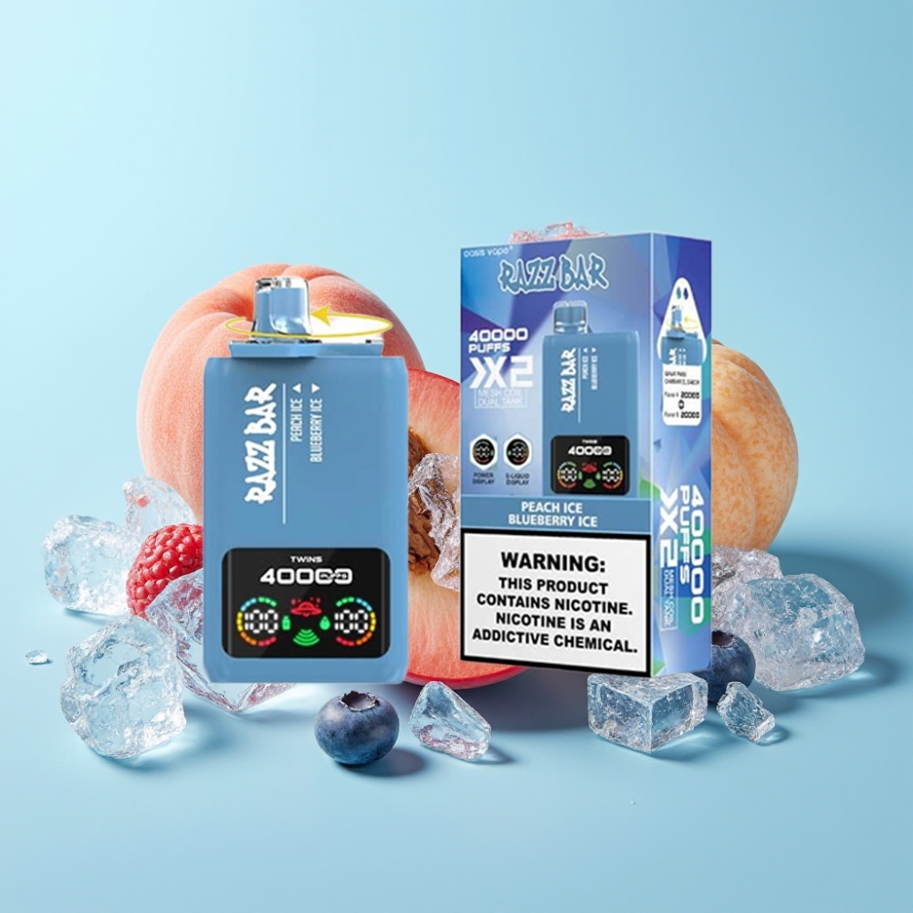 Razz Bar 40000 Puffs Näyttö 1.0Ω×2 Mesh Coil 650mAh Type-C Persikka-Jää & Mustikka-Jää