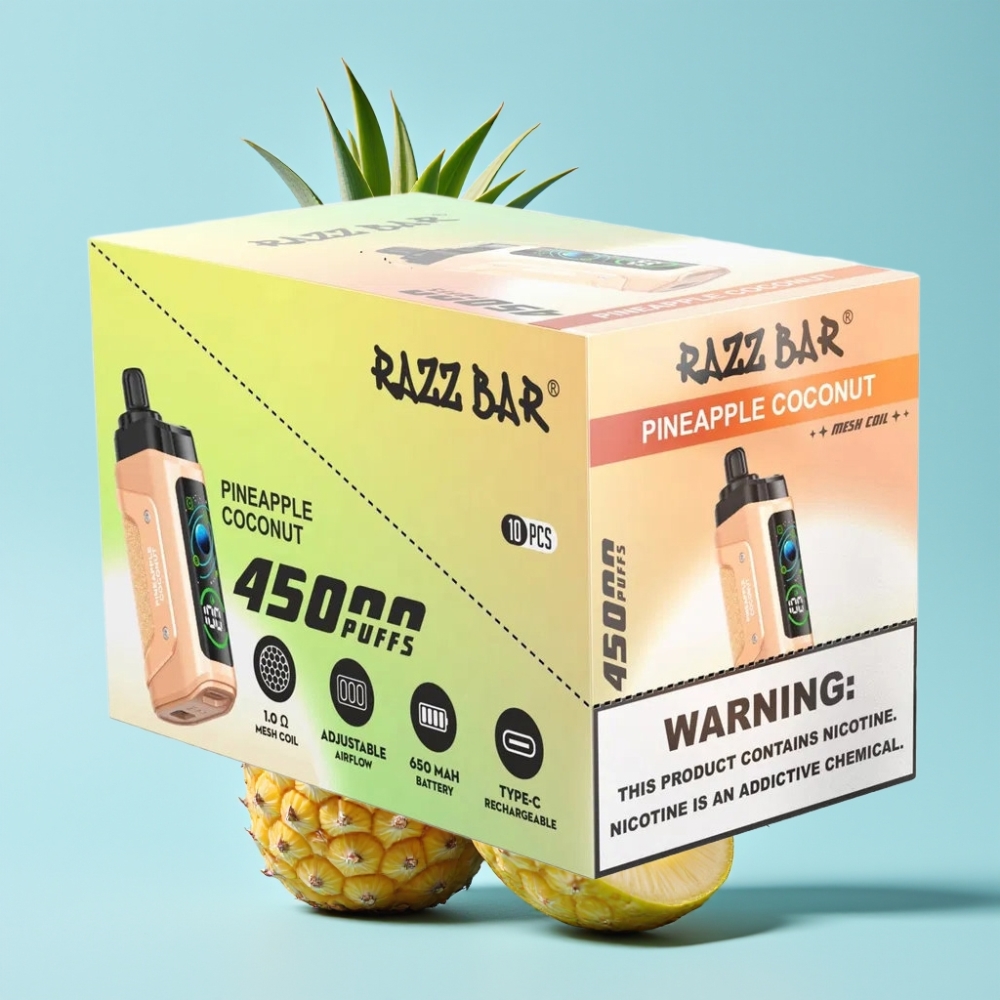Razz Bar 45000 Puffs 1.0 Ohm Mesh Säädettävä Ilmanvirtaus Ananas-Kookos Disposable Vape