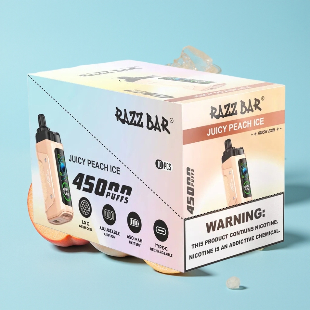 Razz Bar 45000 Puffs 1.0 Ohm Mesh Säädettävä Ilmanvirtaus Typ-C Lataus Mehevä Persikka Jää