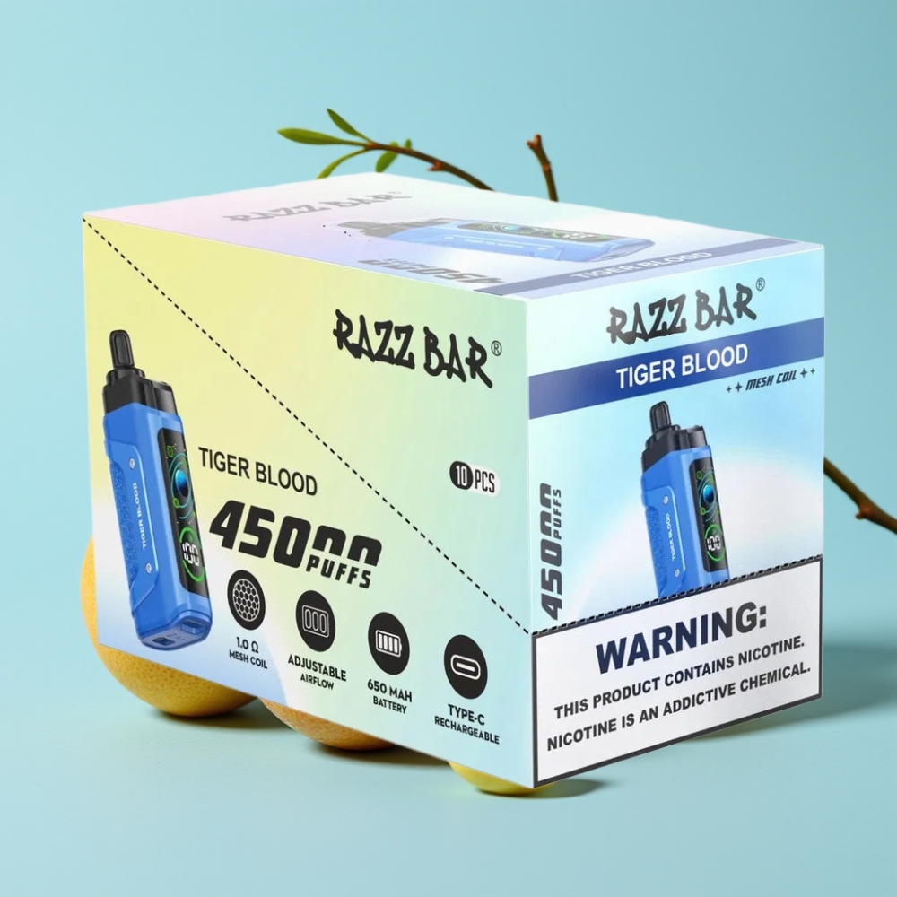 Razz Bar 45000 Puffs Tigerin Veri 1.0 Ohm Mesh Säädettävä Ilmanvirtaus Type-C Ladata