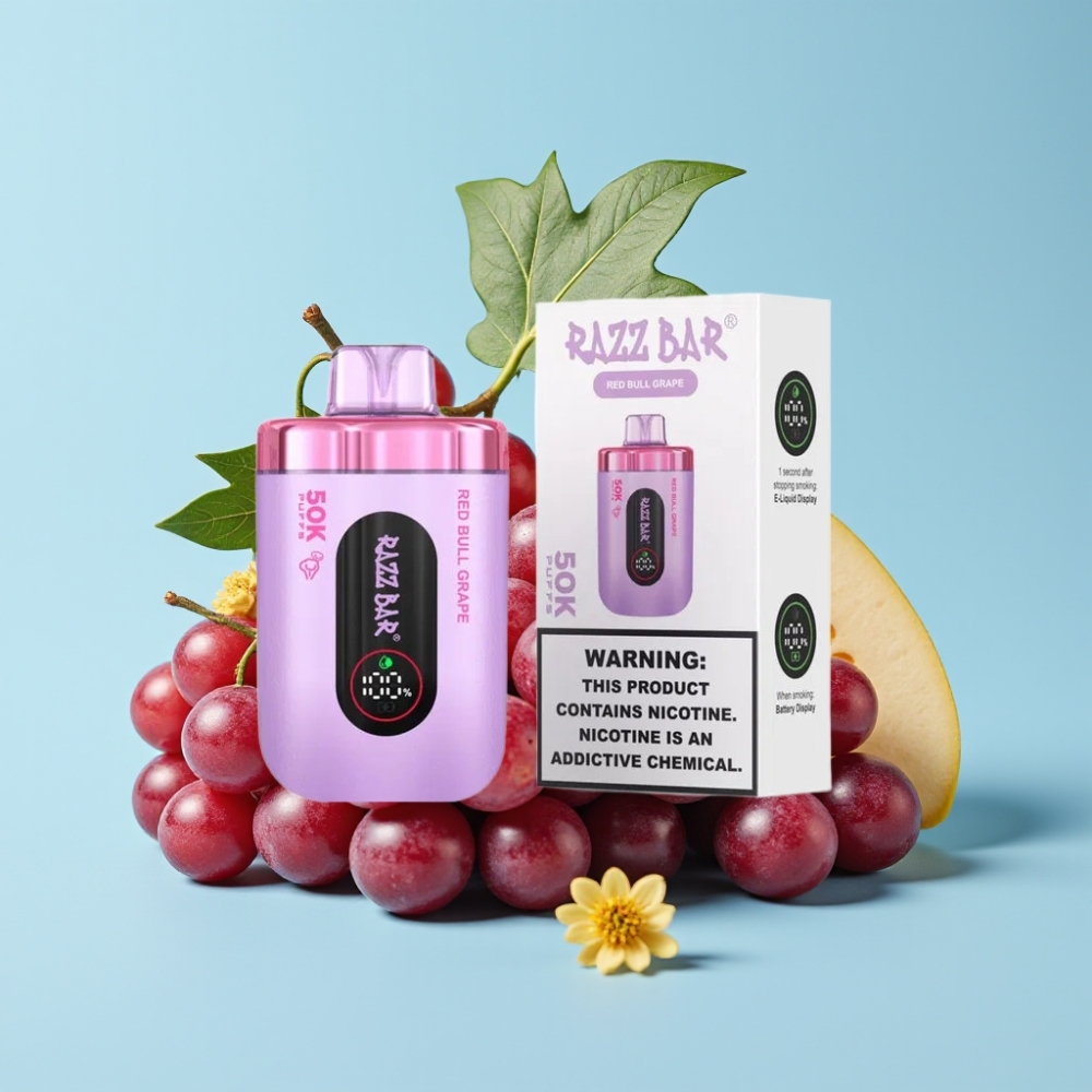 Razz Bar 50K Puffs 1.0 Ohm Mesh 650mAh Type-C 2% Nikotiini Punainen Härkä Viinirypäle