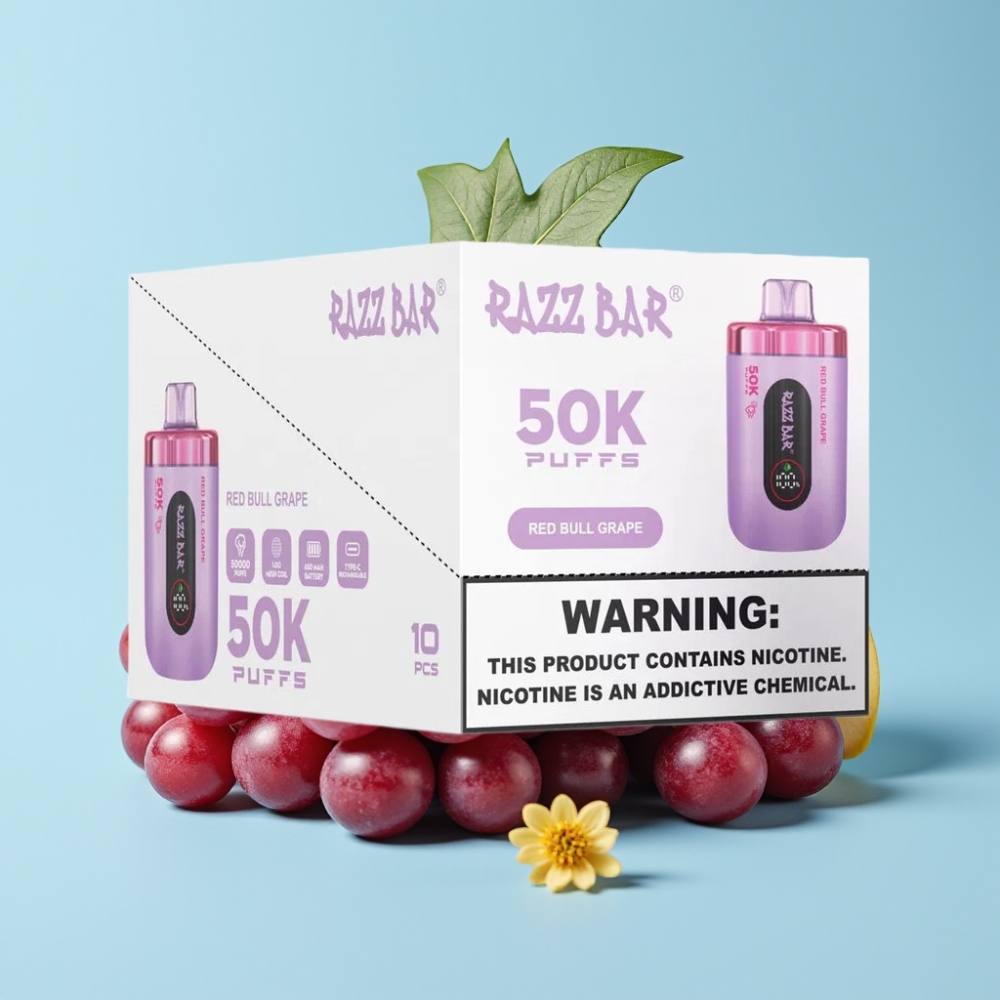 Razz Bar 50K Puffs 1.0 Ohm Mesh 650mAh Type-C 2% Nikotiini Punainen Härkä Viinirypäle