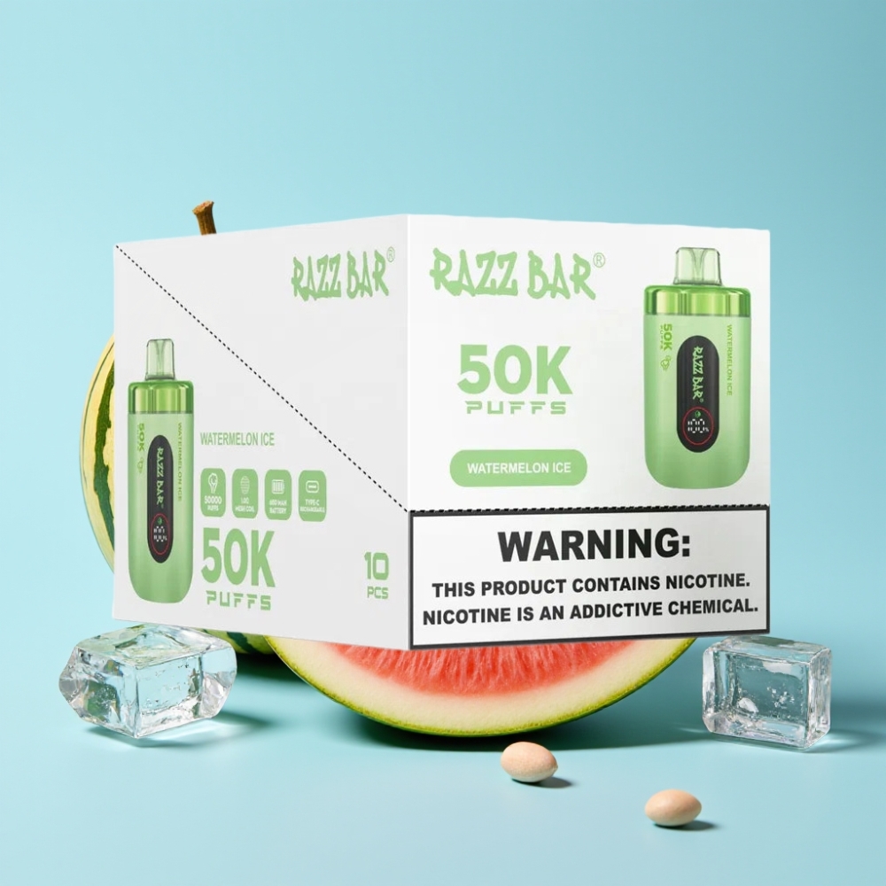 Razz Bar 50K Puffs Disposable Vape 1.0 Ohm Mesh Coil 650 Mah Type-C Vesijäämeloni