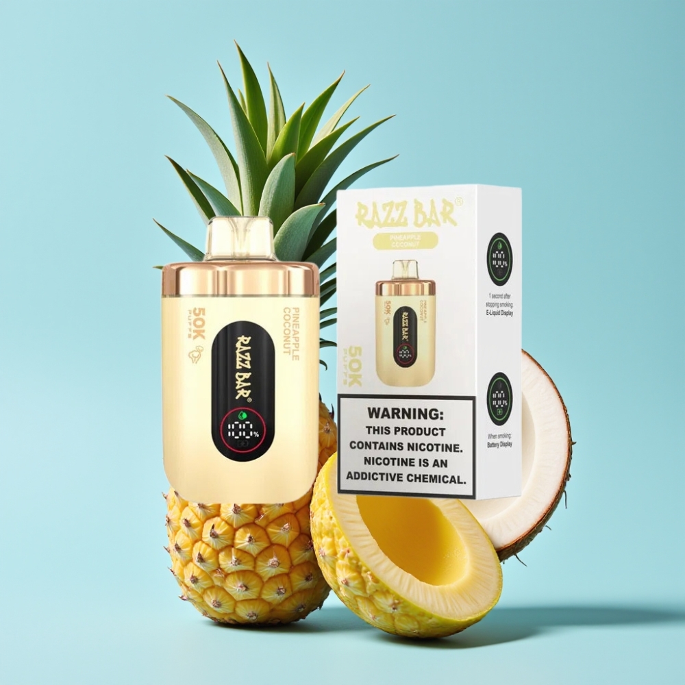 Razz Bar 50K Puffs Disposable Vape Ananas-Kookos 1.0 Ohm Mesh 650mAh Type-C 2%