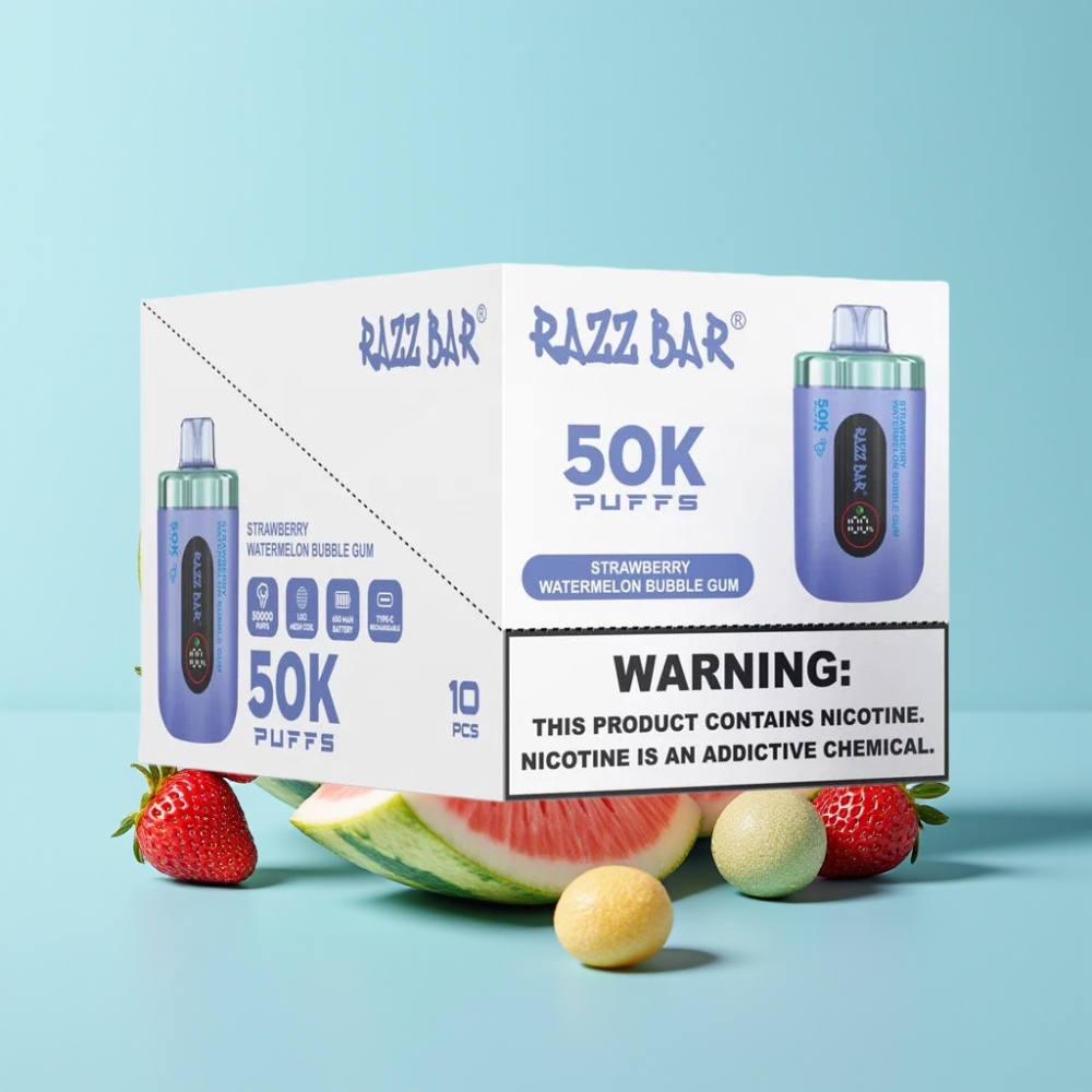 Razz Bar 50K Puffs Disposable Vape Mansikka-Arbuusi-Kuplakumi 1.0 Ohm Mesh 650mAh Type-C 2% Nic