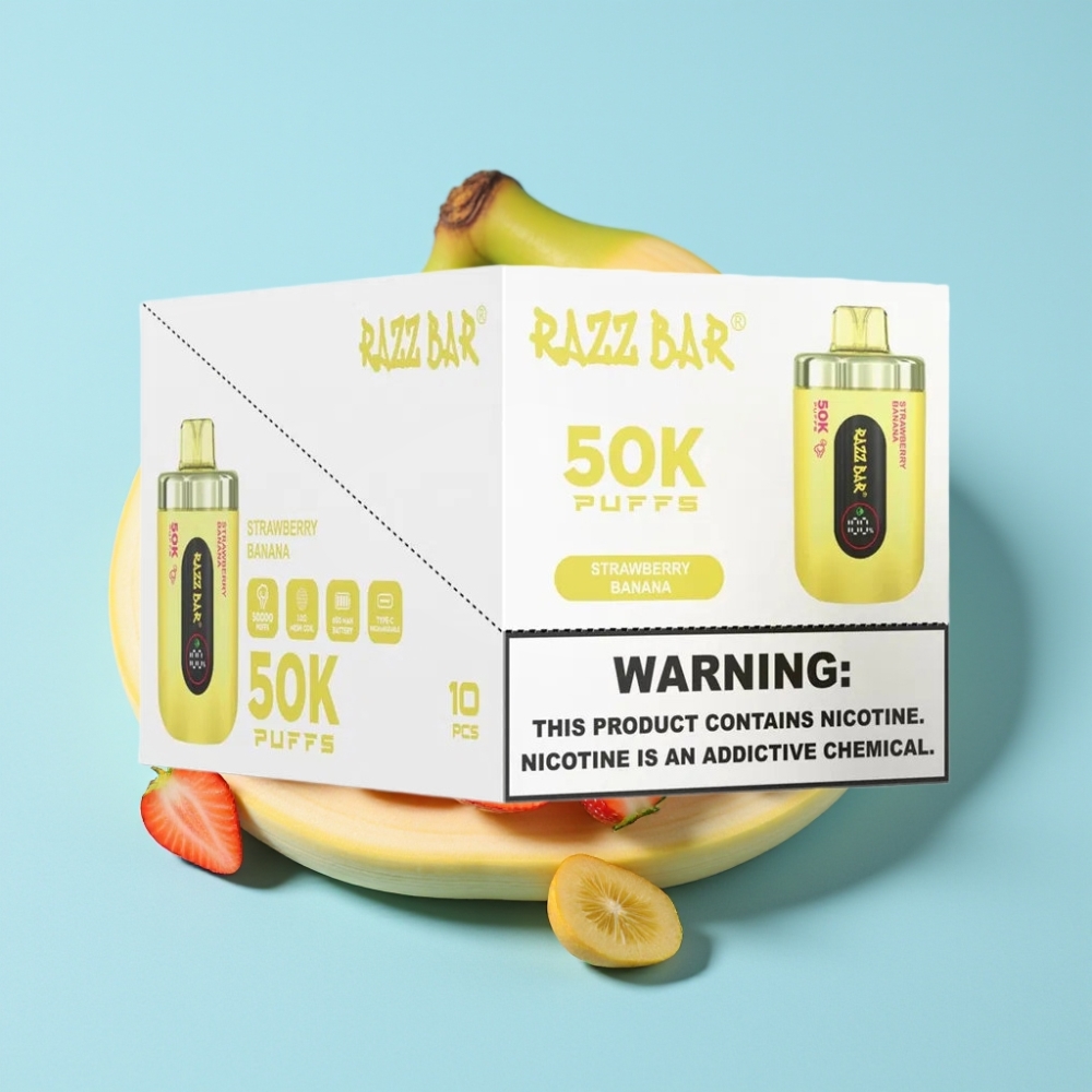 Razz Bar 50K Puffs Disposable Vape Mansikka-Banaani 1.0 Ohm Mesh Coil Type-C Ladattava