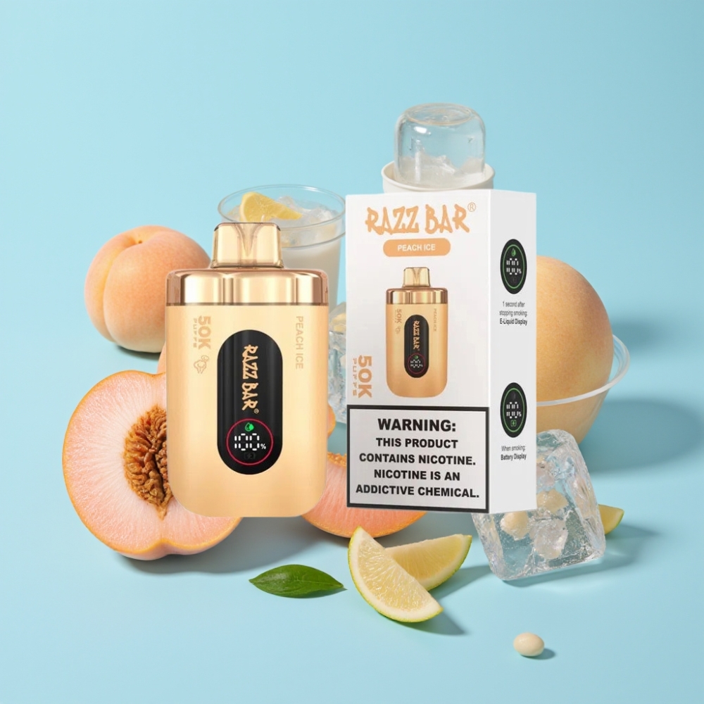 Razz Bar 50K Puffs Disposable Vape Persikka-Jää Mesh 1.0 Ohm Type-C 650mAh 2% Nikotiinia