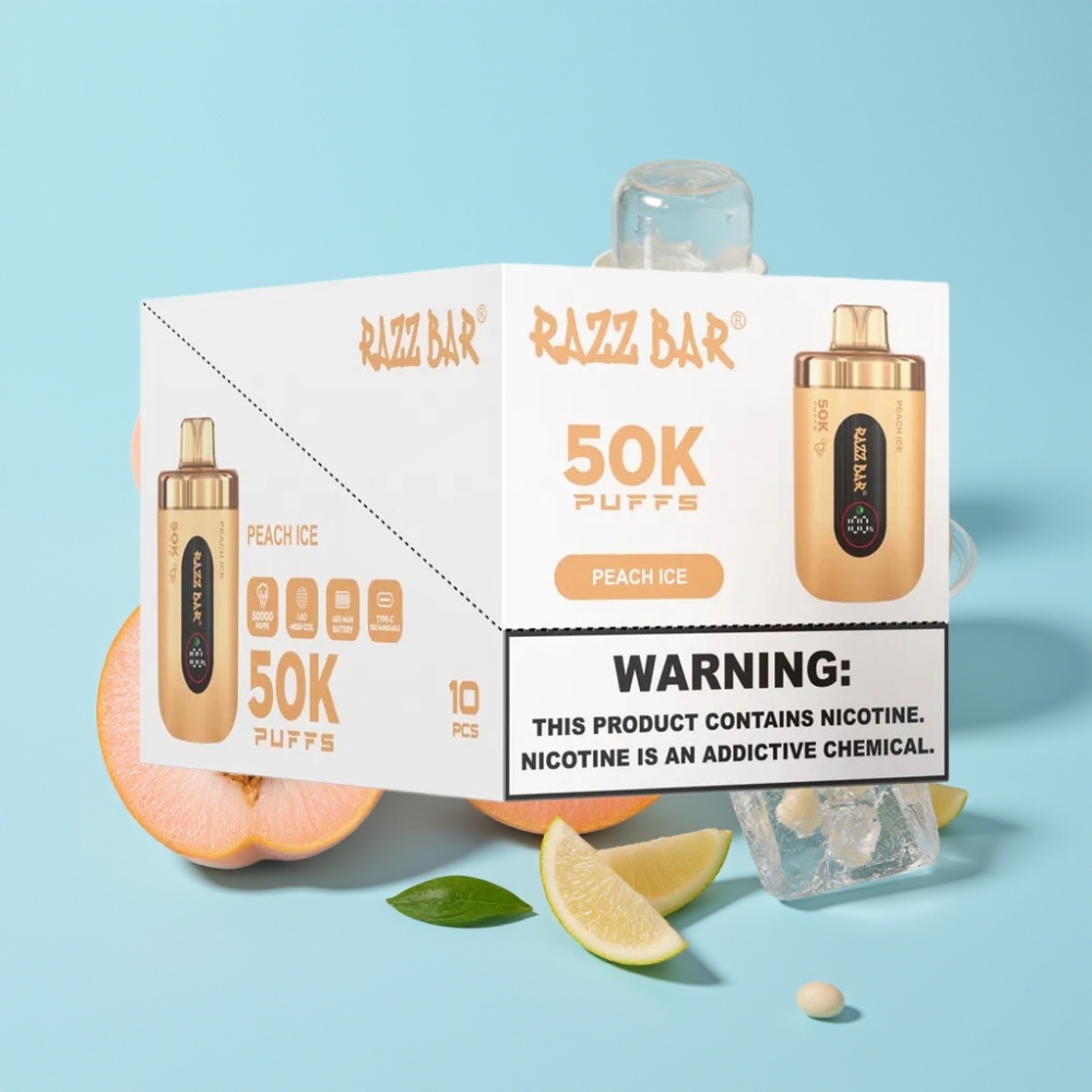 Razz Bar 50K Puffs Disposable Vape Persikka-Jää Mesh 1.0 Ohm Type-C 650mAh 2% Nikotiinia